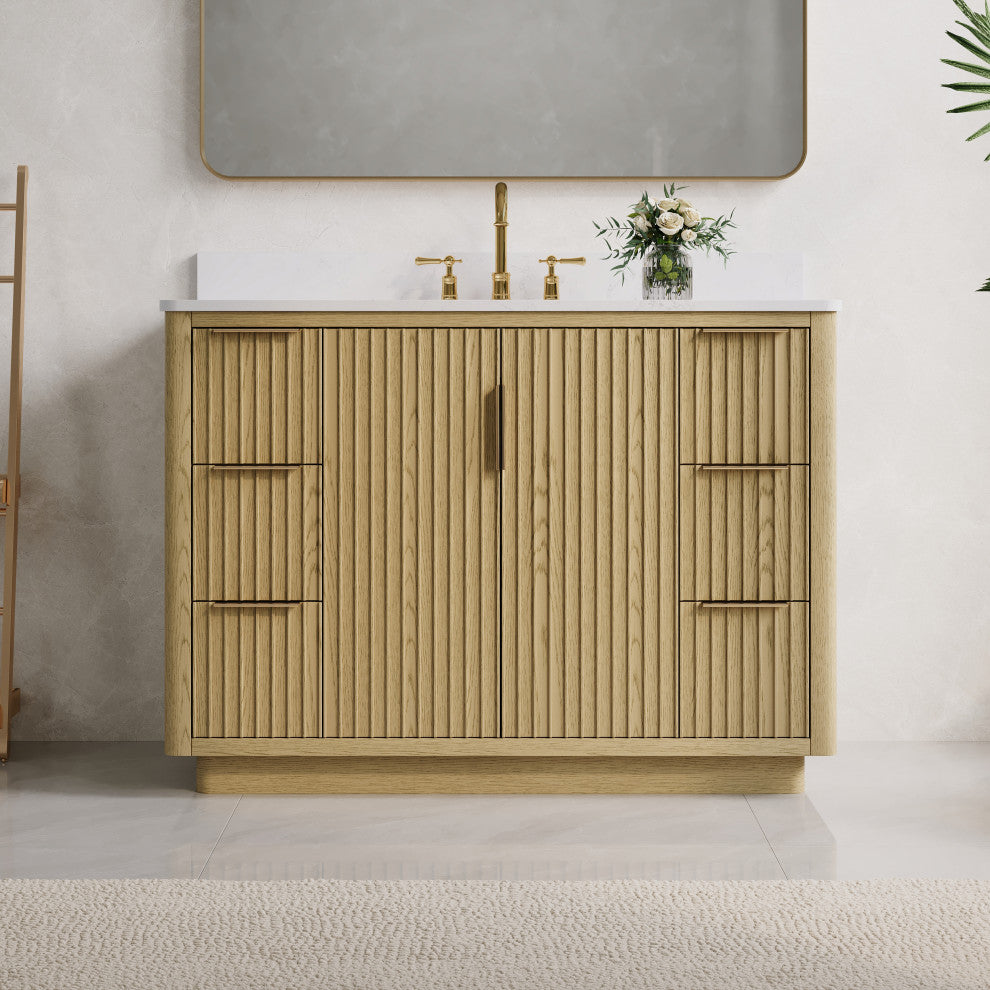 Solid Wood Freestanding Bathroom Vanity with White Quartz Top and Backsplash, 48"