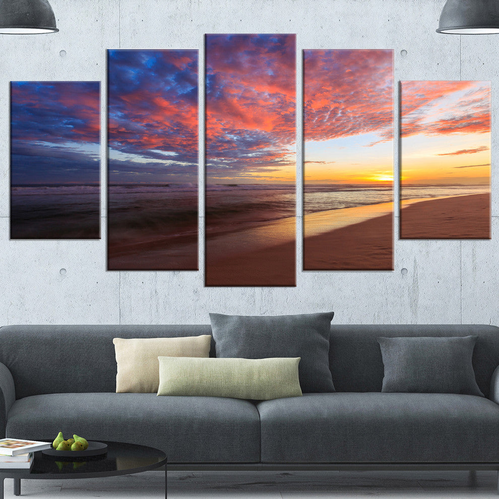 Colored Clouds in Beach at Sunset, Seashore Canvas Print, 60"x32", 5 Panels