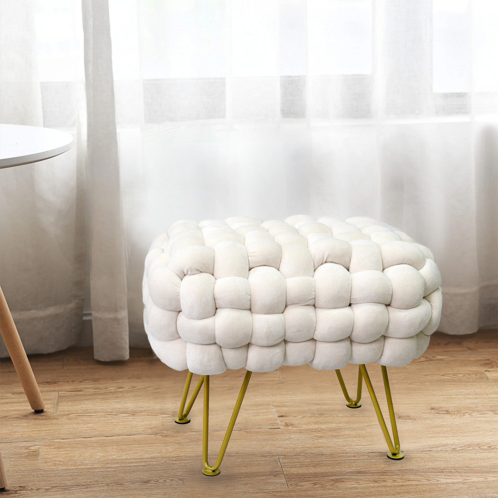 Velvet Pouf Stool Ottoman, Ivory, 27''x20''x20''