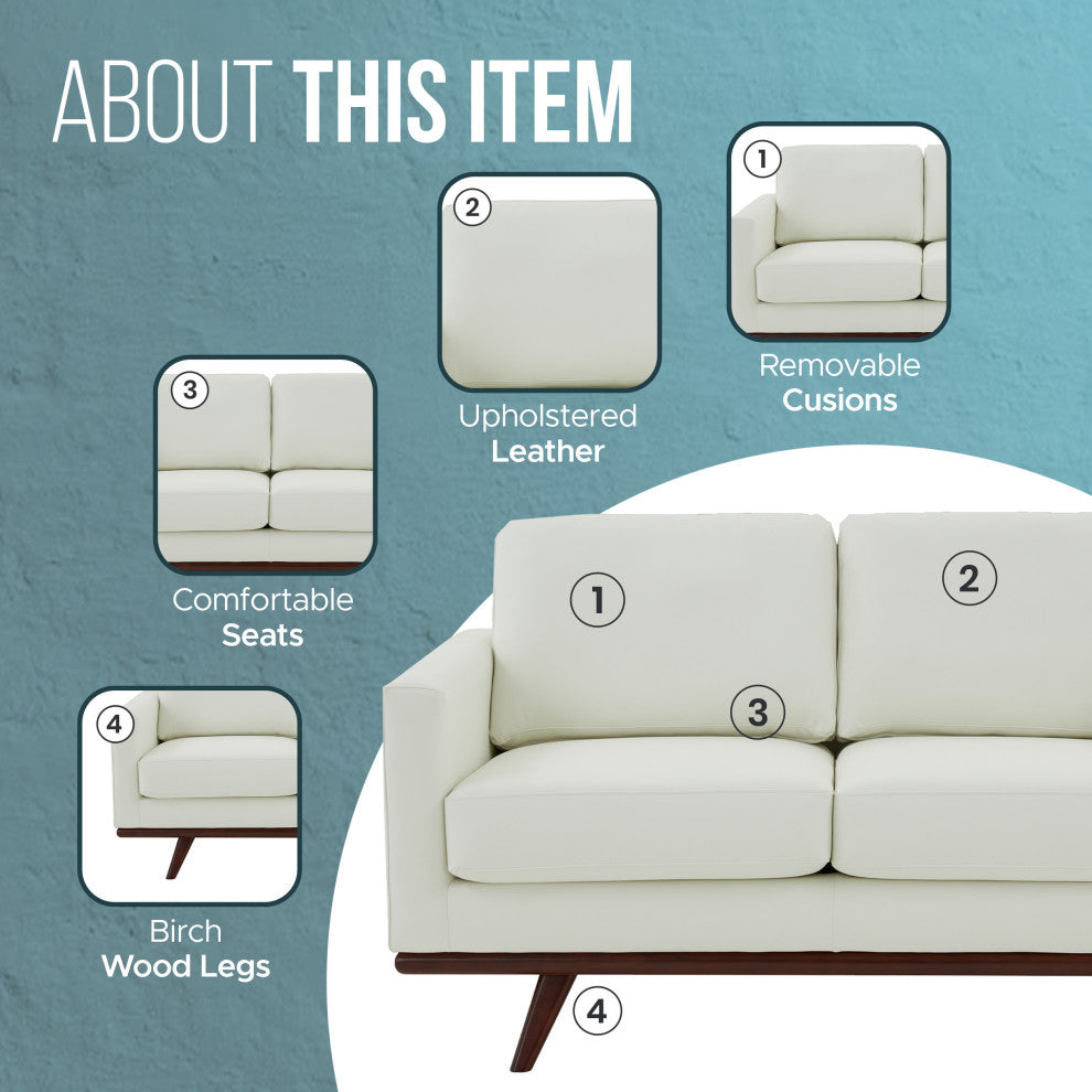 LeisureMod Chester Modern Leather Loveseat With Birch Wood Base, White