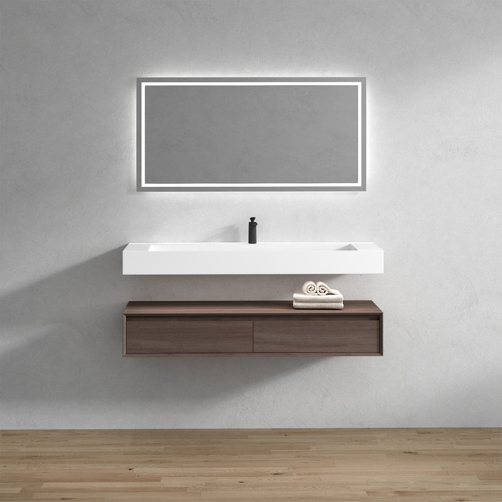Alysa 60" Floating Bath Vanity, Acrylic Sink/Single Faucet Hole, Red Oak