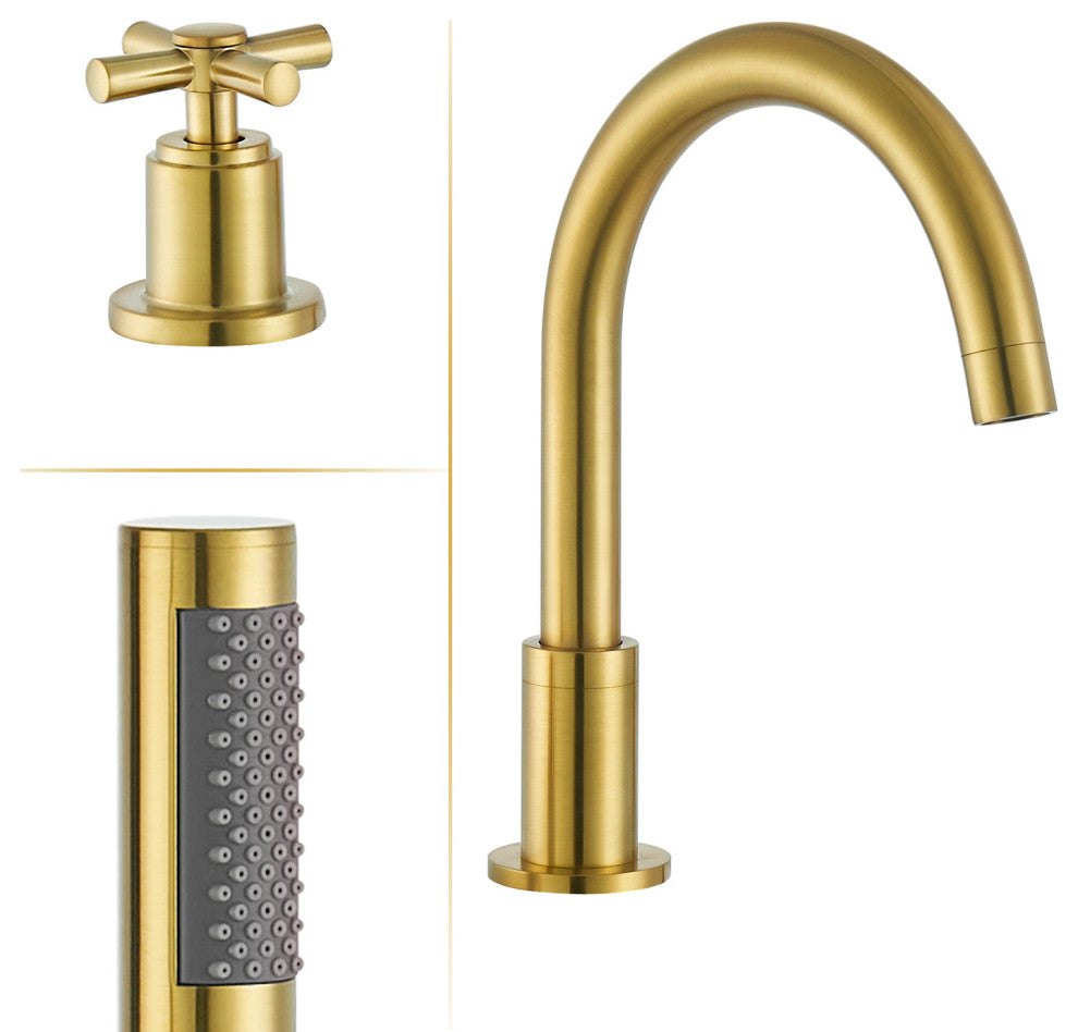 Sorlia Cross Handles Deck-Mount Roman Tub Faucet With Handshower, Brushed Gold