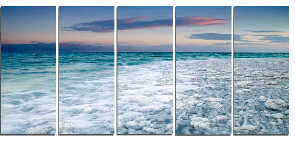 Beautiful Sunrise at Dead Sea, Seashore Canvas Art Print, 60"x28", 5 Panels