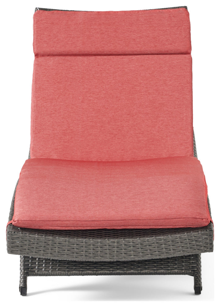 GDF Studio Nassau Outdoor Gray Wicker Chaise Lounge, Red Cushions, Set of 2