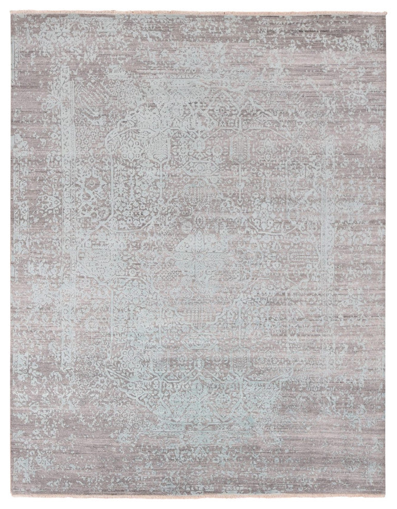 Sea Foam Green Wool and Silk Hand Knotted Broken Persian Design Rug 8'x10'