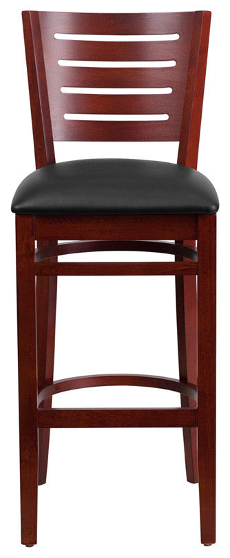 Modern Slat Back Mahogany Wood Restaurant Barstool, Black Vinyl Seat