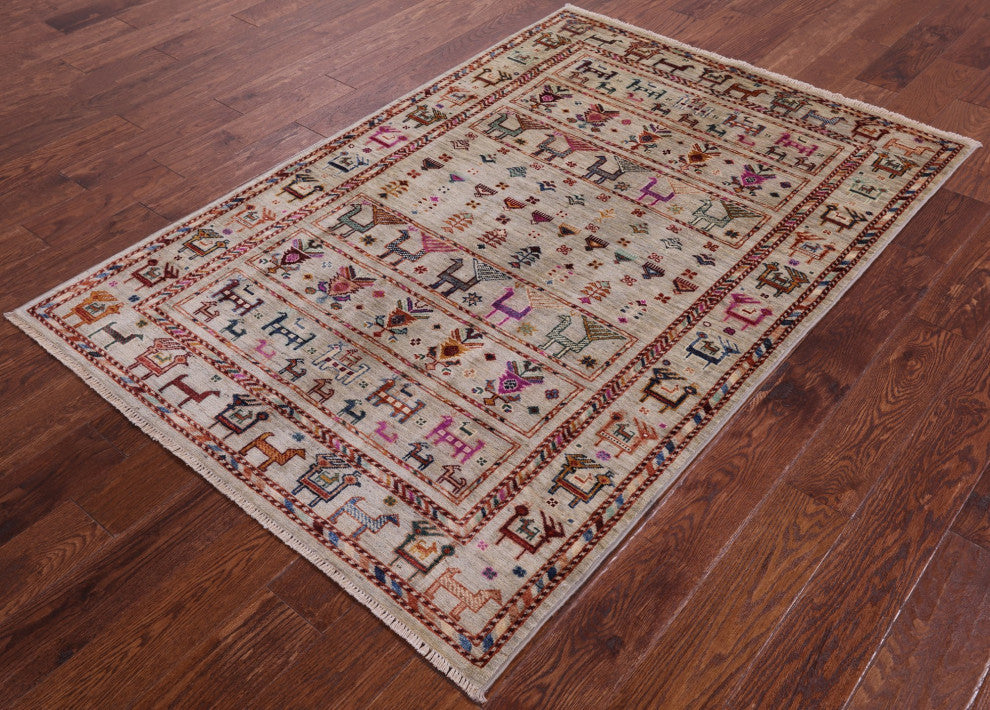 4' 1" X 6' 1" Persian Gabbeh Tribal Hand Knotted Wool Rug - Q12620