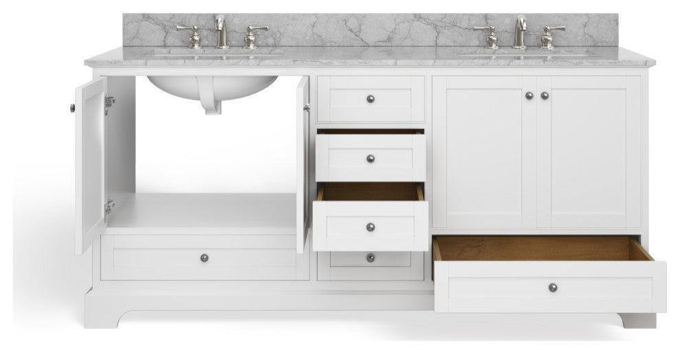 Cascade Bath Vanity, White, 72", Brushed Nickel Hardware, Double, Freestanding