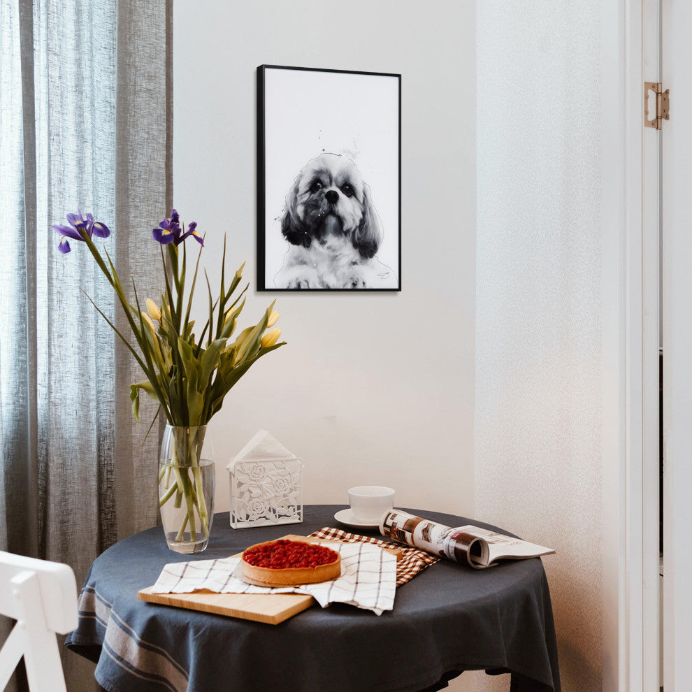 "Shih-Tzu" Black and White Pet Paintings on Printed Glass With Anodized Frame