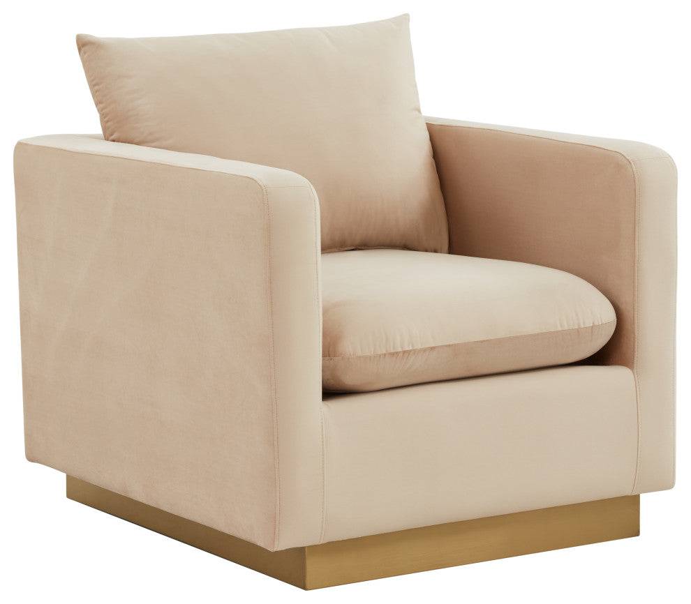 LeisureMod Nervo Modern Velvet Accent Arm Chair With Gold Base, Beige