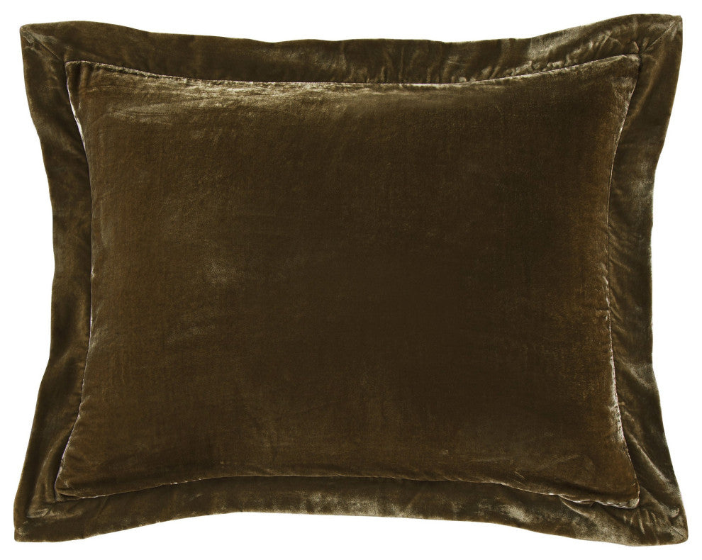 Stella Faux Silk Velvet Flanged Dutch Euro Pillow, 27"x39", Green Ochre