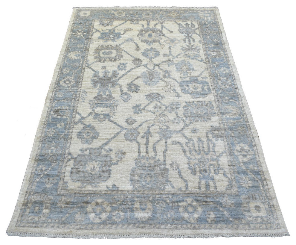 Ivory Angora Oushak Soft Colors Leaf Design Hand Knotted Wool Rug, 4'1"x6'1"
