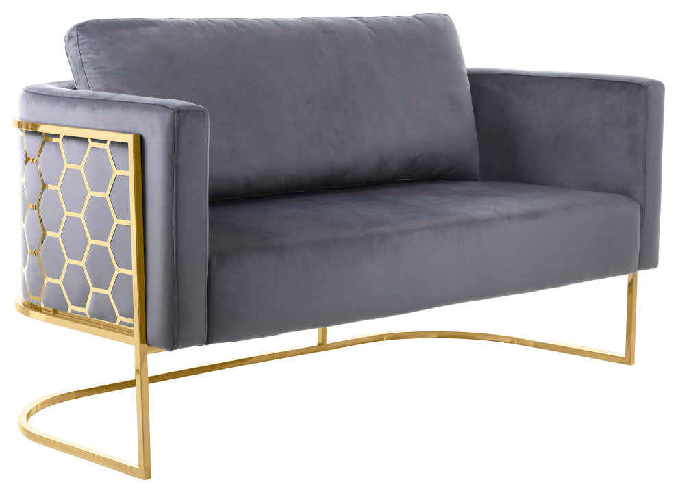 Casa Velvet Upholstered Loveseat, Grey, Gold Finish