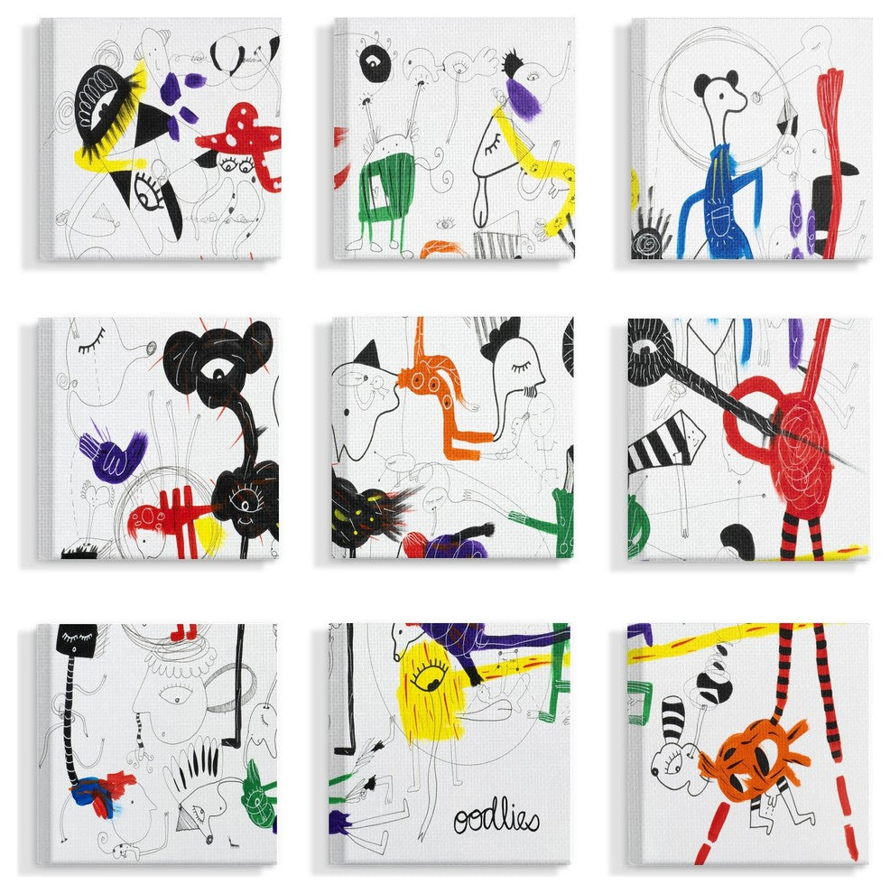Modern Art Line Drawings Colorful Painting 9-Piece Canvas Wall Art Set, 12"x12"