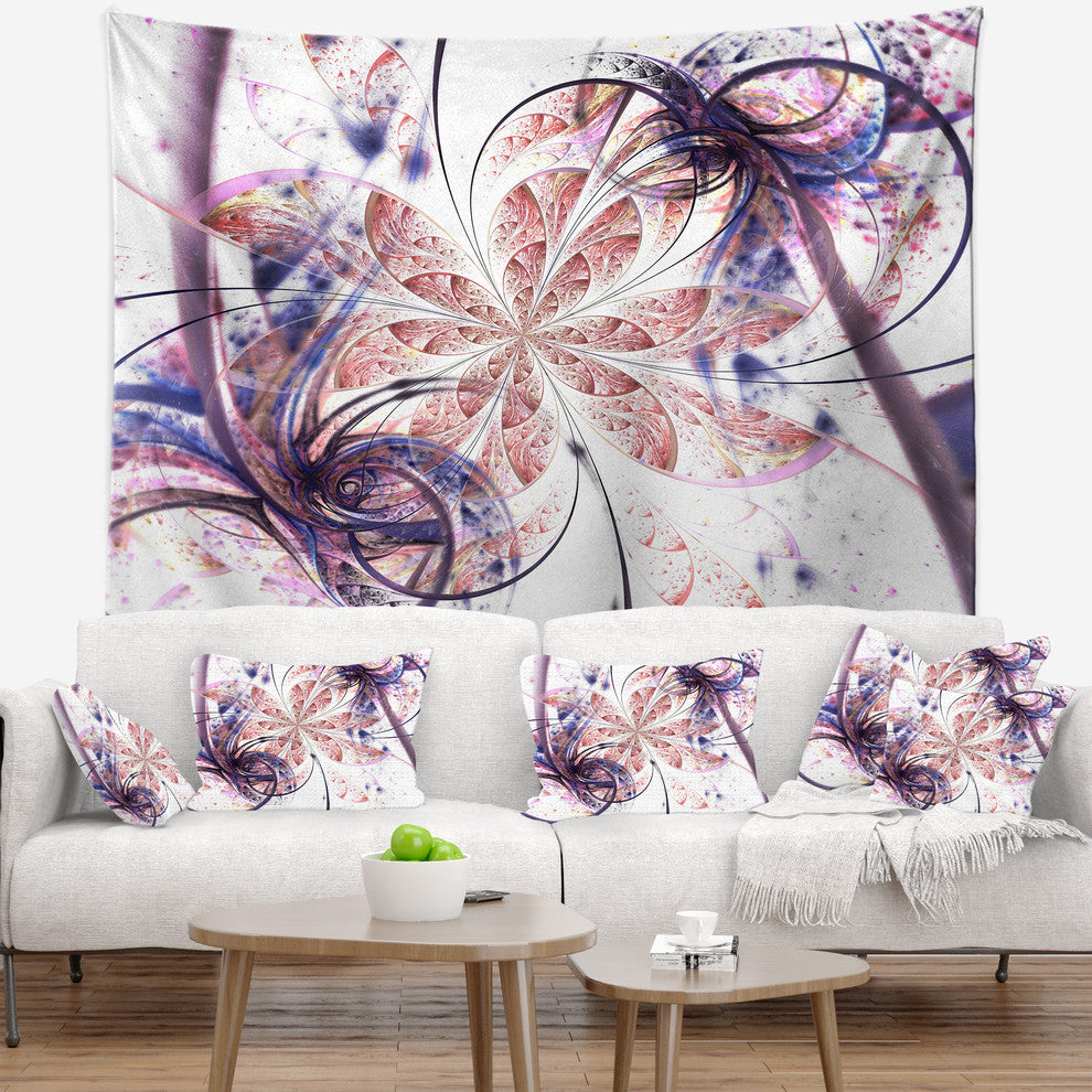 Blue Pink Fractal Flower Pattern Abstract Wall Tapestry, 60"x50"