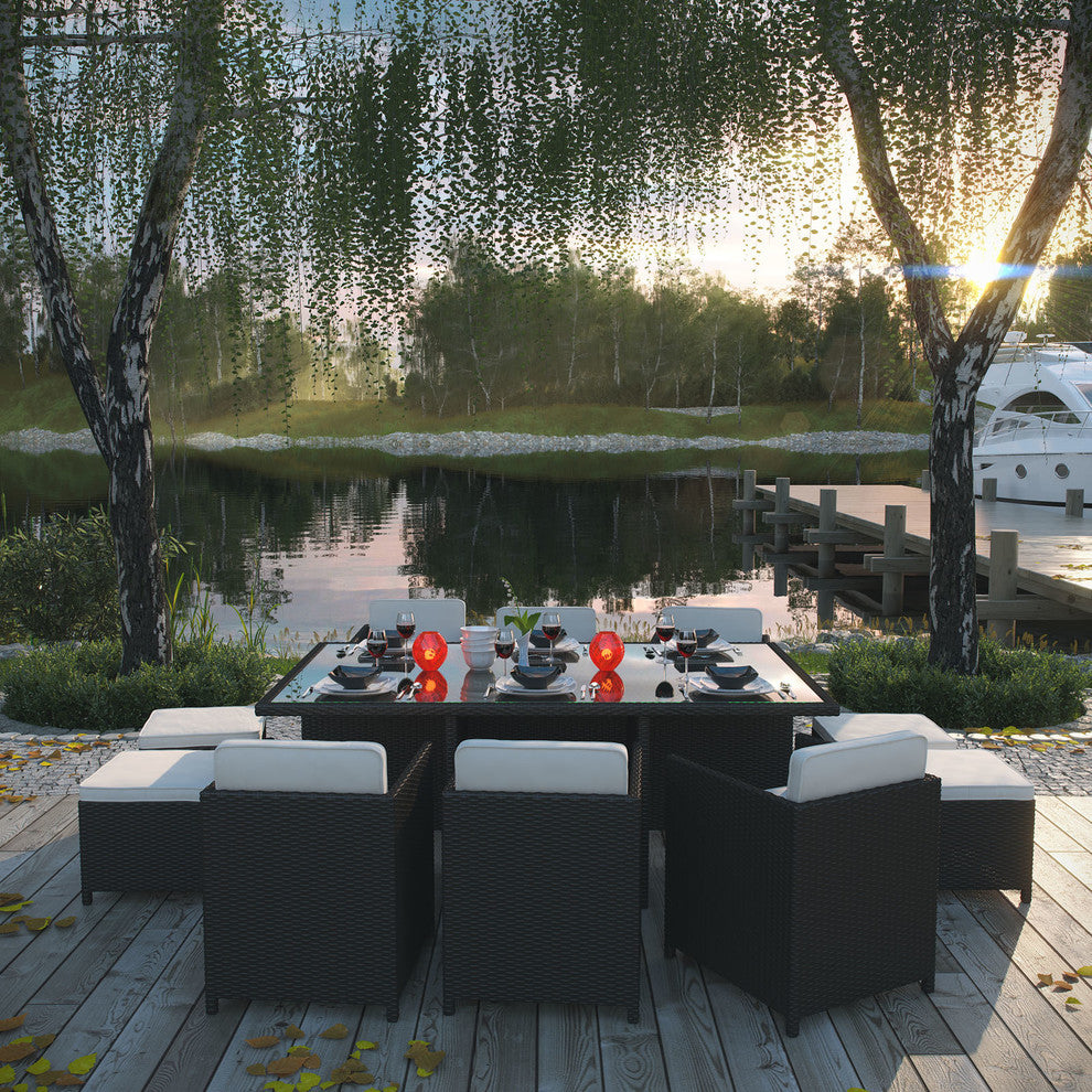 Modern Contemporary Outdoor Patio Rattan and Wicker 11-Piece SetDining Set White