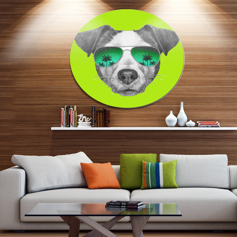 Jack Russell In Green Glasses, Animal Art Round Wall Art, 23"