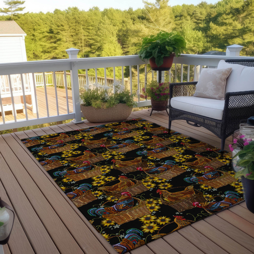 Indoor/Outdoor Kendall KE2 Black Machine Washable 9' x 12' Rug