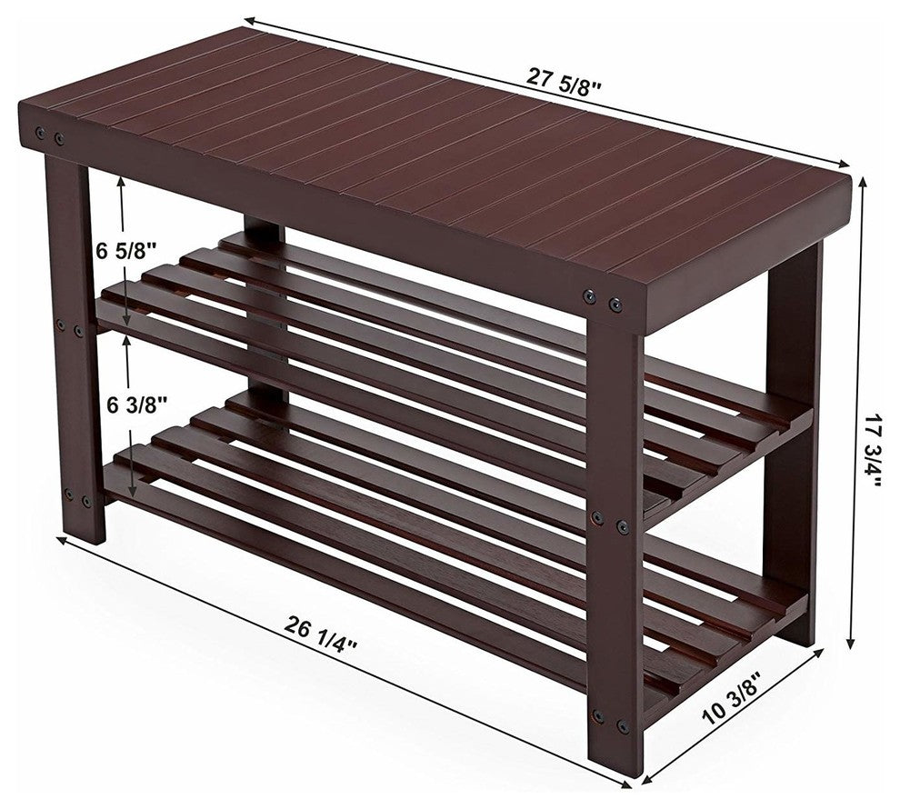 3-Tier Bamboo Wood Shoe Rack Bench Entryway Shoe Storage, Brown