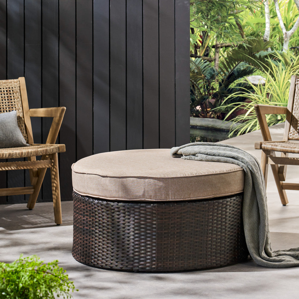 Boden Outdoor Wicker Ottoman With Cushion, Brown/Textured Beige