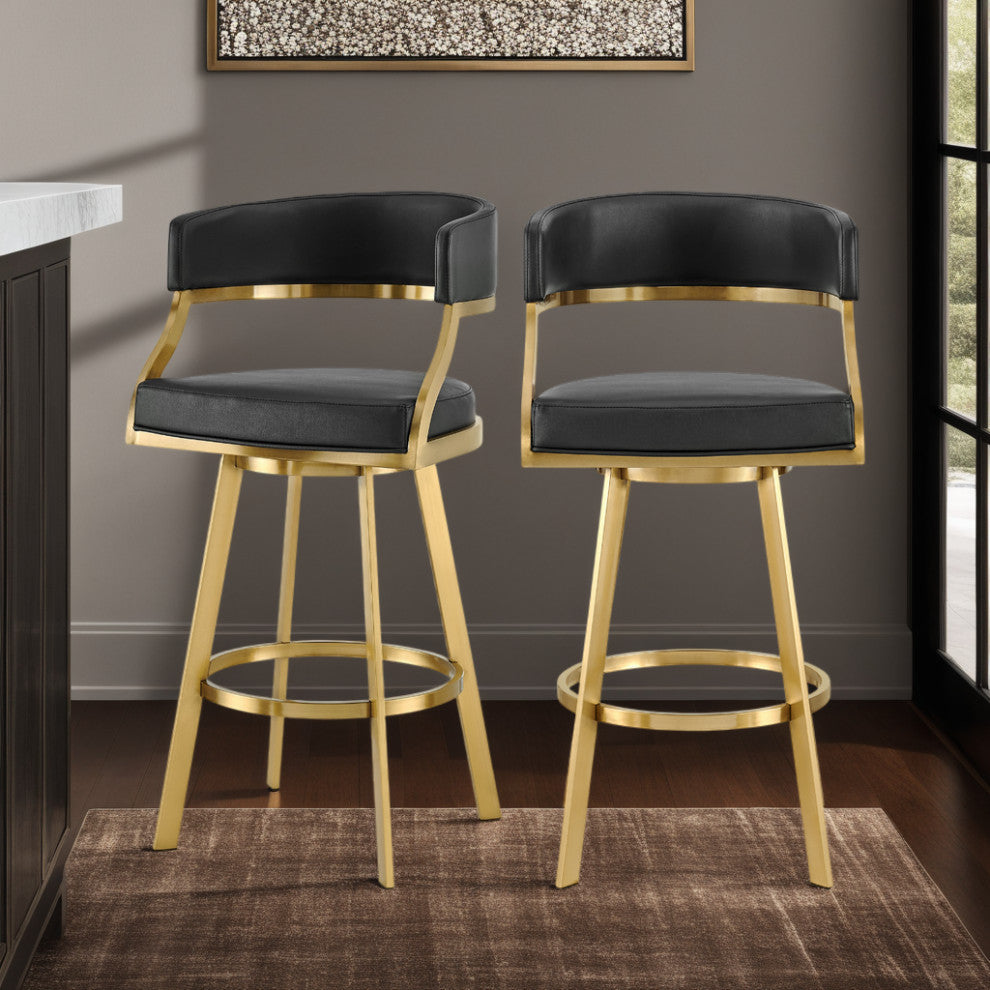Saturn Gold Brushed Swivel Counter Stool, Black, 30"
