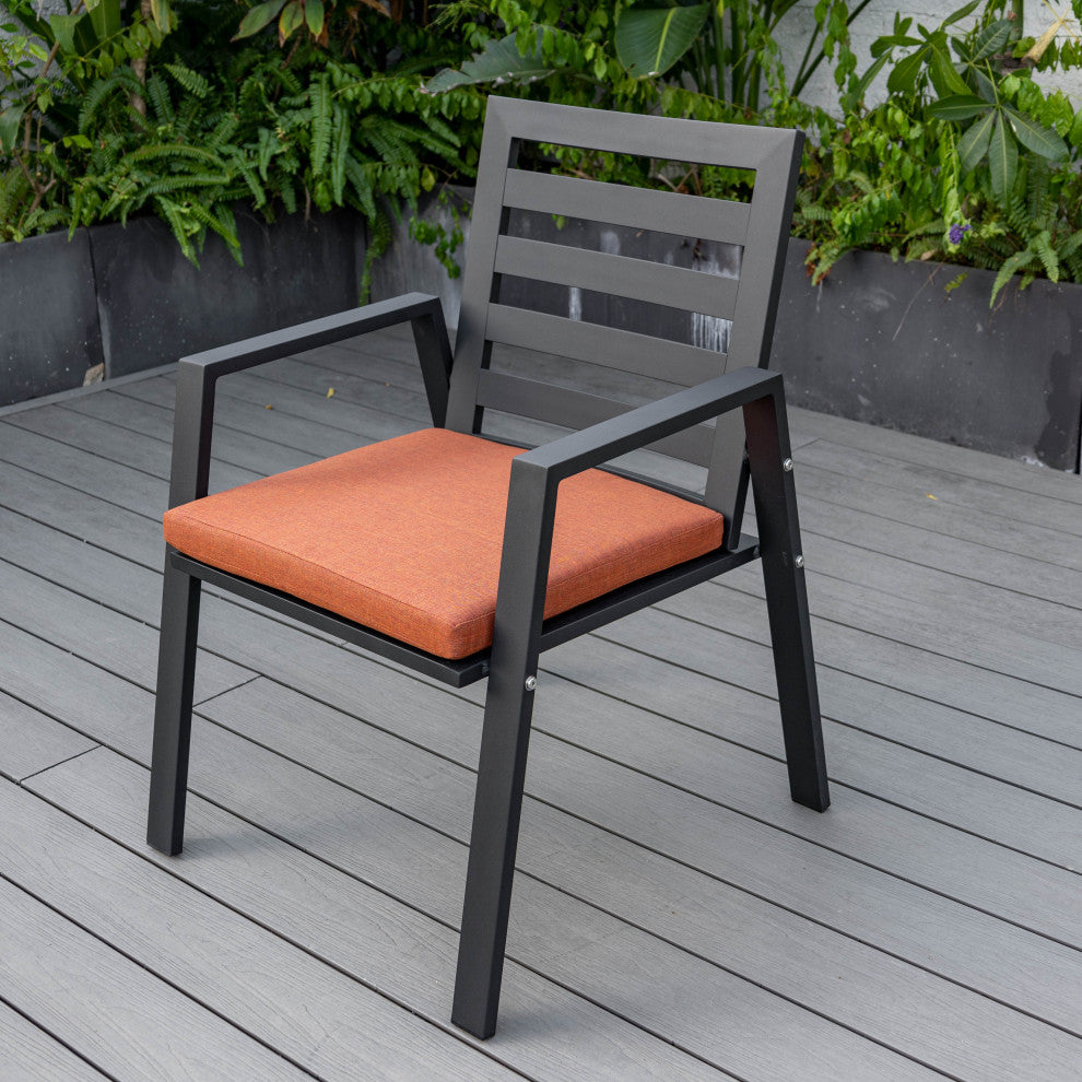 LeisureMod Chelsea Patio Dining Armchair in Aluminum with Cushions, Orange