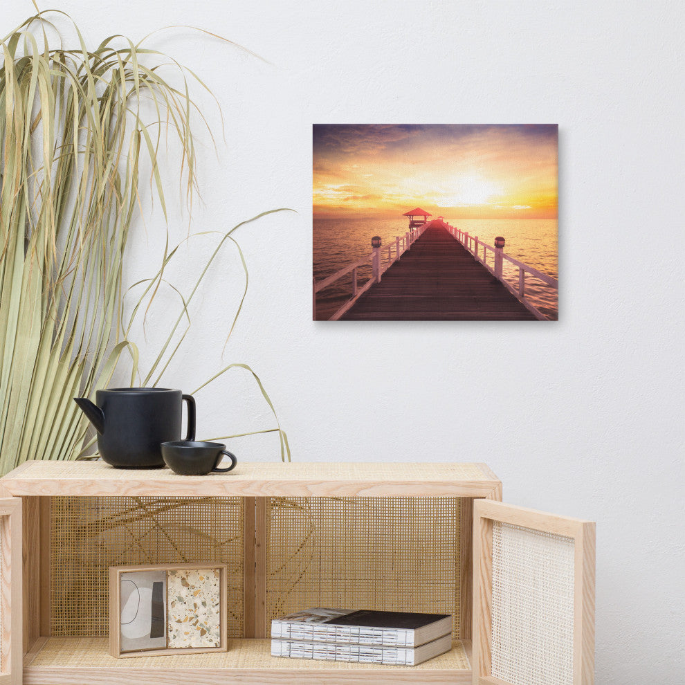 Surreal Wooden Pier at Sunset Landscape Photo Canvas Wall Art Prints, 16" X 20"
