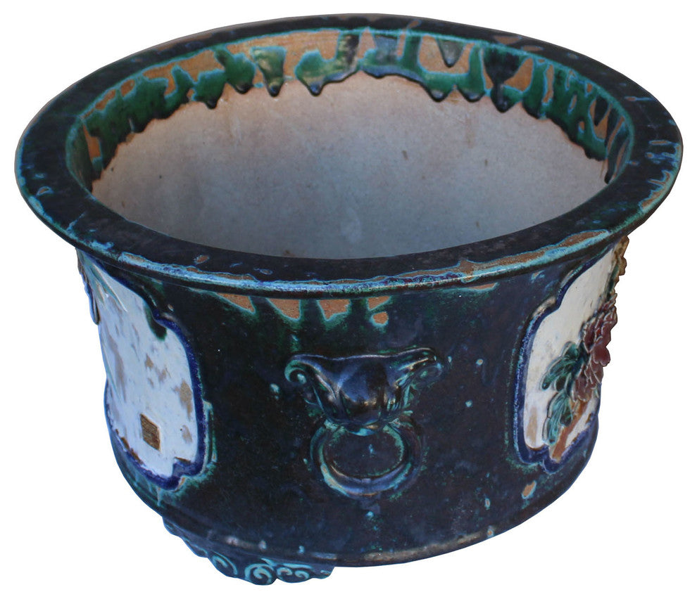 Chinese Ceramic Dimensional Flower Butterfly Round Green Glaze Planter