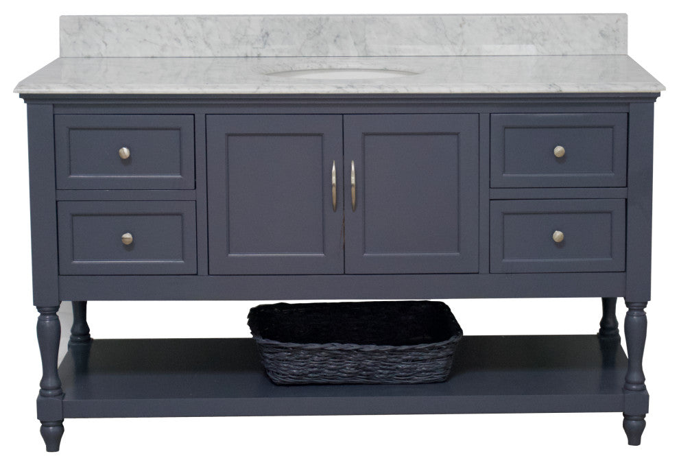 Beverly 60" Bath Vanity, Marine Gray, Carrara Marble, Single Vanity