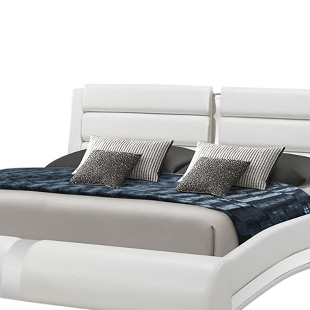 Benzara BM216006 Curved Leatherette Queen Size Bed, Cushioned Paneling, White