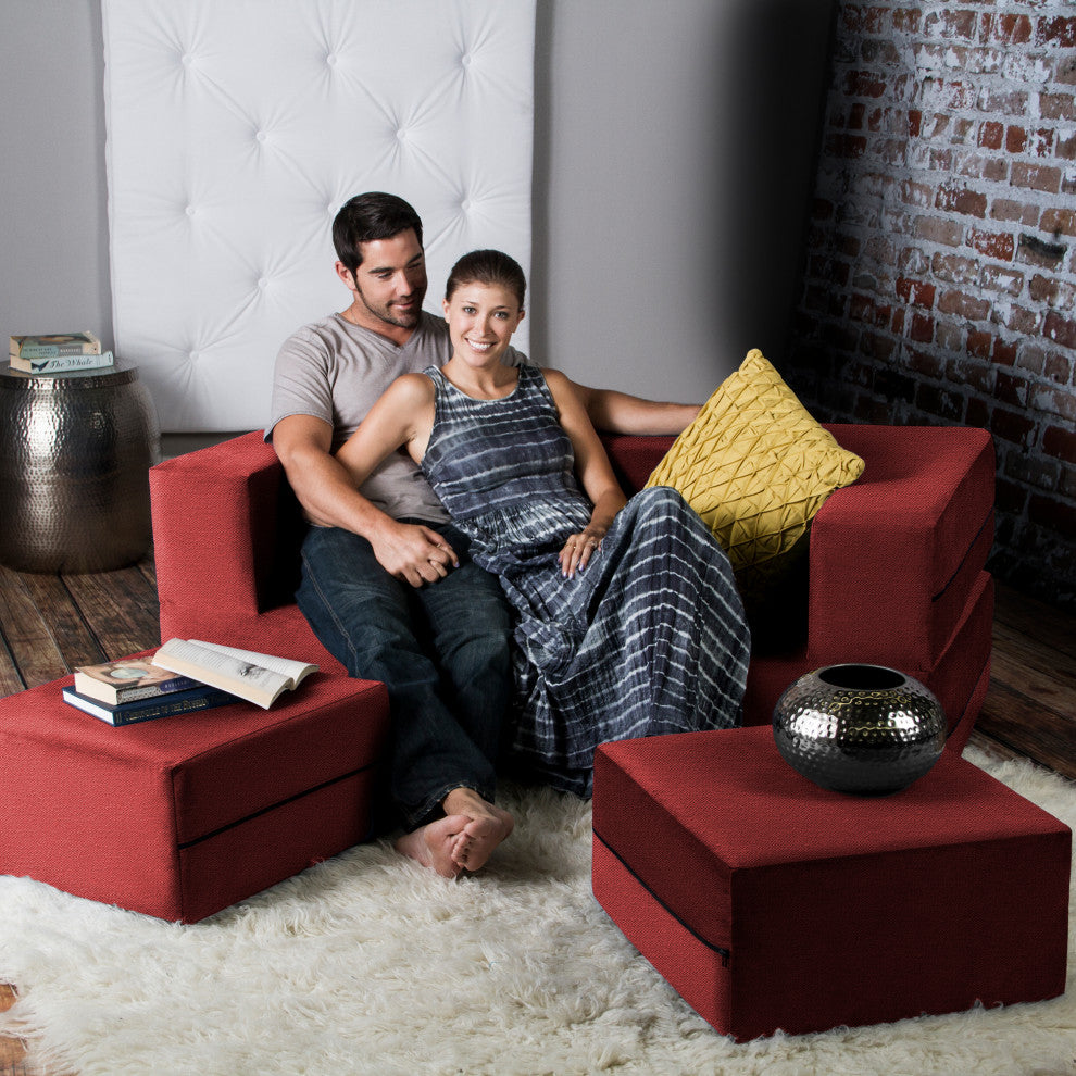 Zipline Convertible Sleeper Loveseat With 2 Ottomans, 3-Piece Set, Tomato