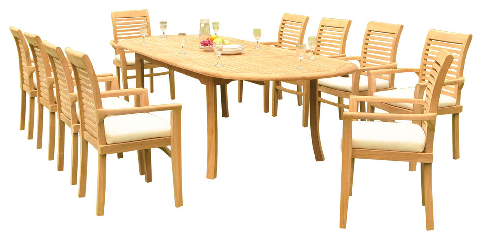 11-Piece Outdoor Teak Dining Set: 117" Oval Table, 10 Mas Stacking Arm Chairs