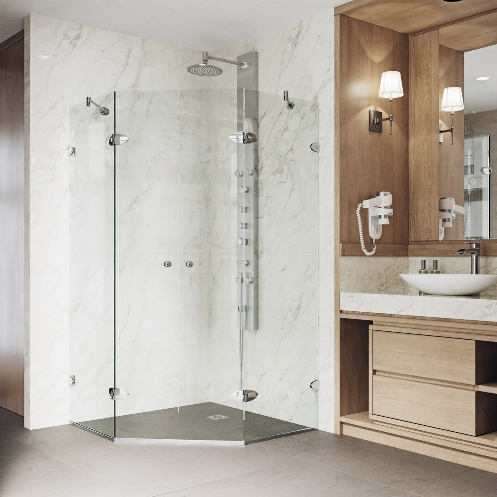 VIGO Gemini Frameless Hinged Neo-Angle Shower Enclosure, Chrome, 48" D X 47" W, Without Base