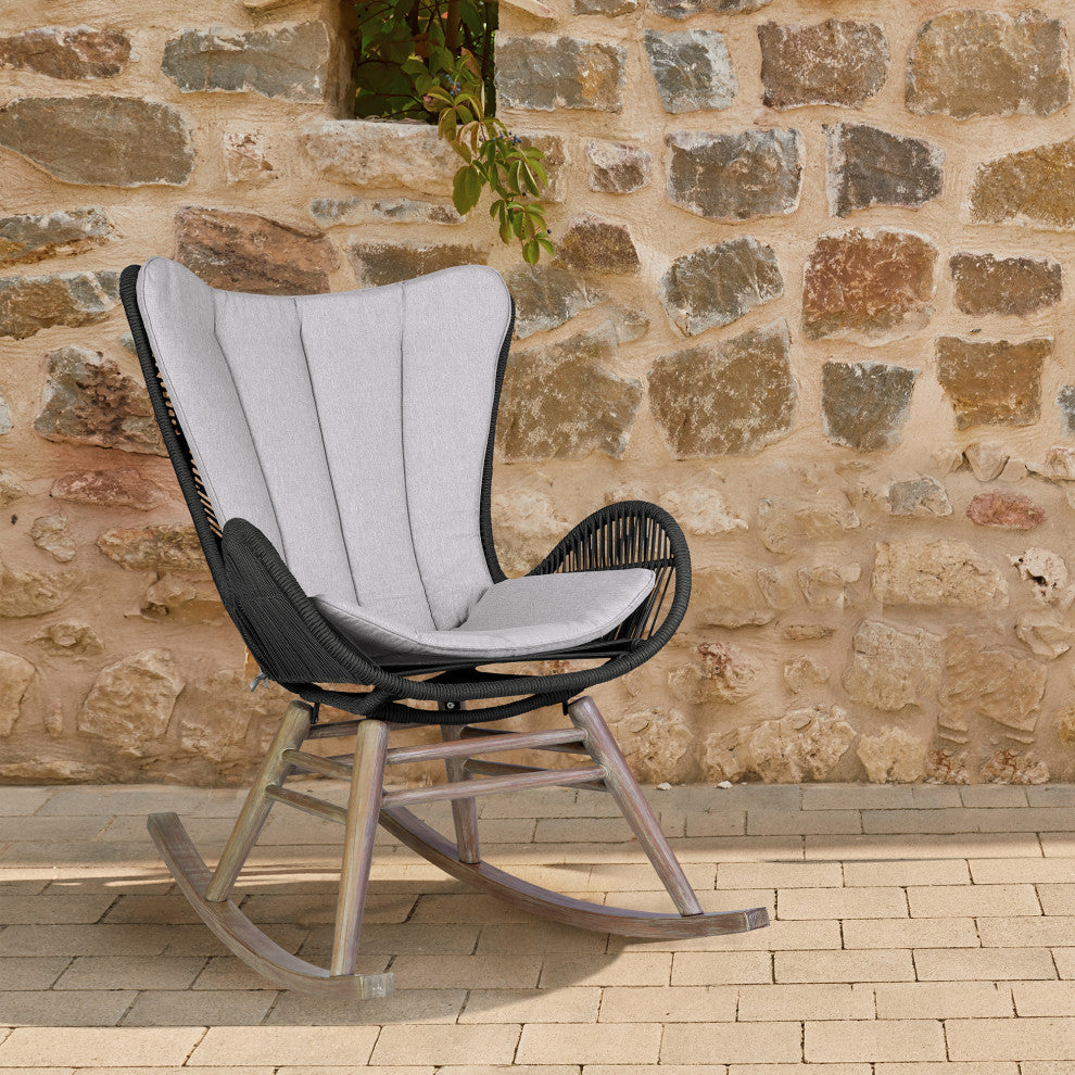 Fanny Outdoor Patio Rocking Chair, Dark Eucalyptus Wood And Truffle Rope, Light Eucalyptus