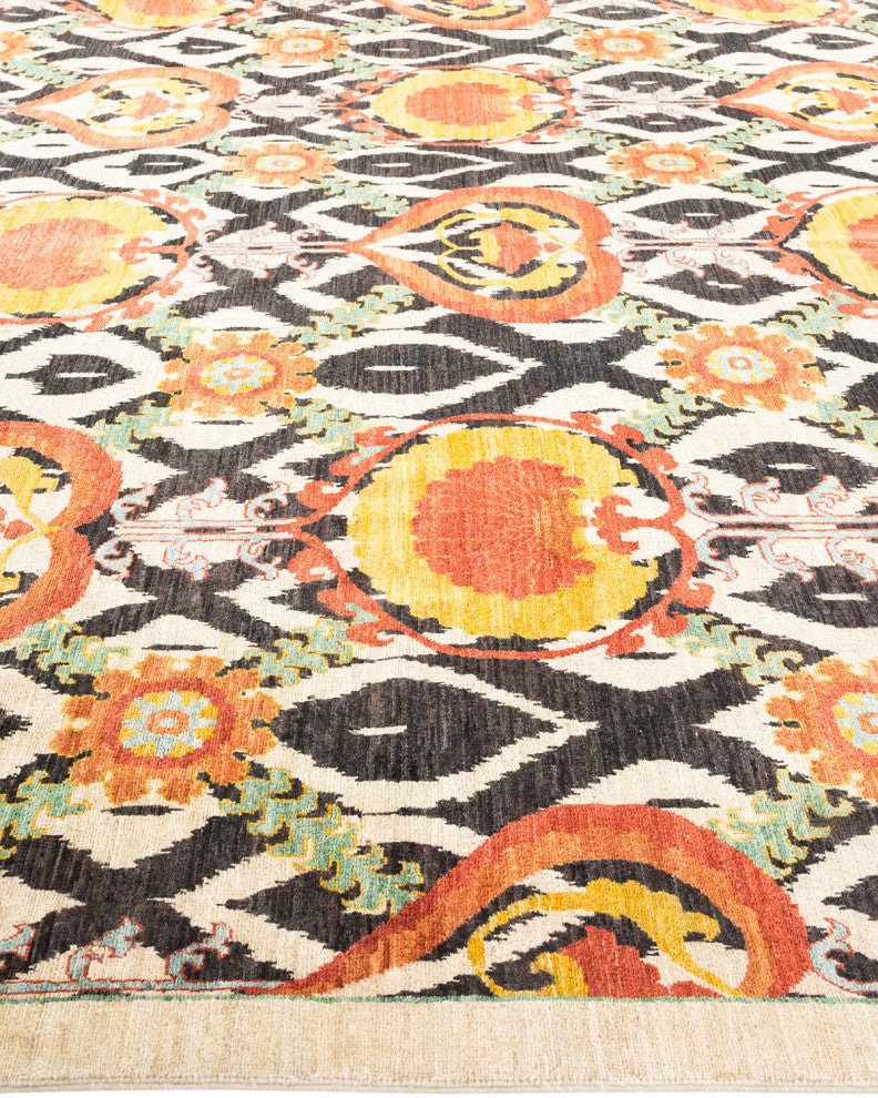 Suzani, One-of-a-Kind Hand-Knotted Area Rug Ivory, 9'7"x18'10"
