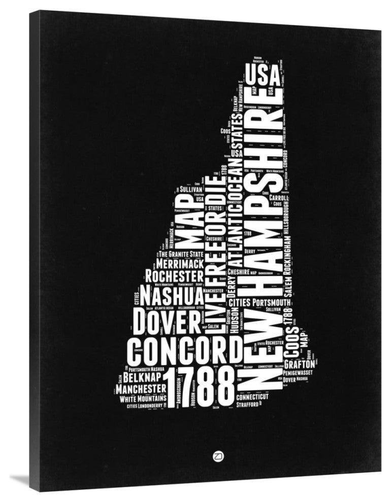 "New Hampshire Black and White Map" Fine Art Print