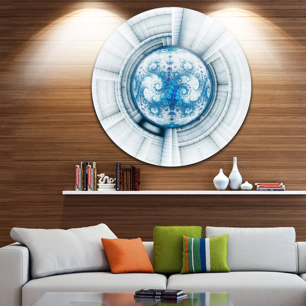 Glowing Soft Blue Fractal Flower, Abstract Round Wall Art, 11"