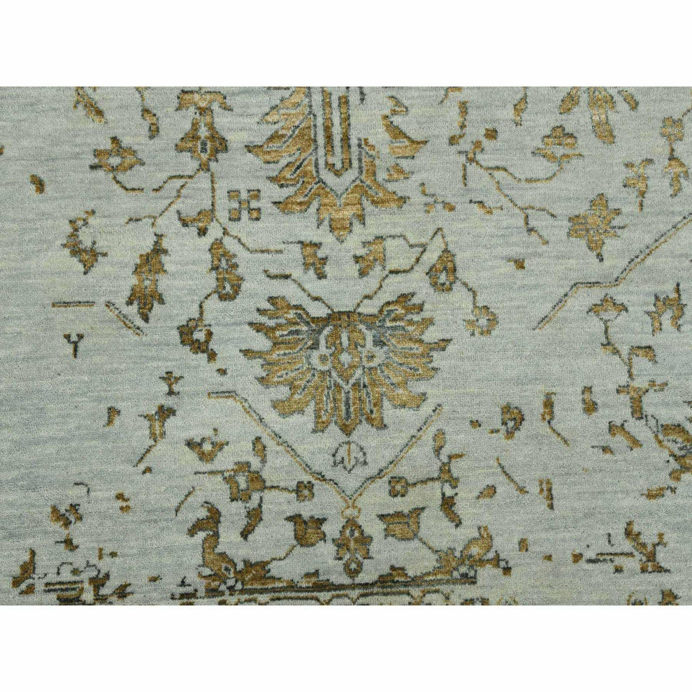 Gray Hand Knotted Broken Persian Erased Heriz Design Wool and Silk Rug, 10'x14'