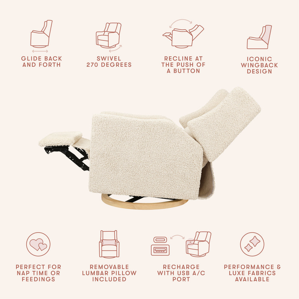 Kiwi Electronic Recliner and Swivel Glider With USB port, Almond Teddy Loop With Light Wood Base