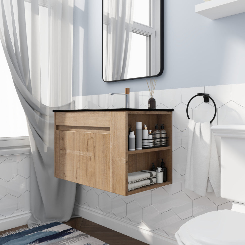 BNK 30x18 Bathroom Vanity With Adjustable Shelf, Black Top