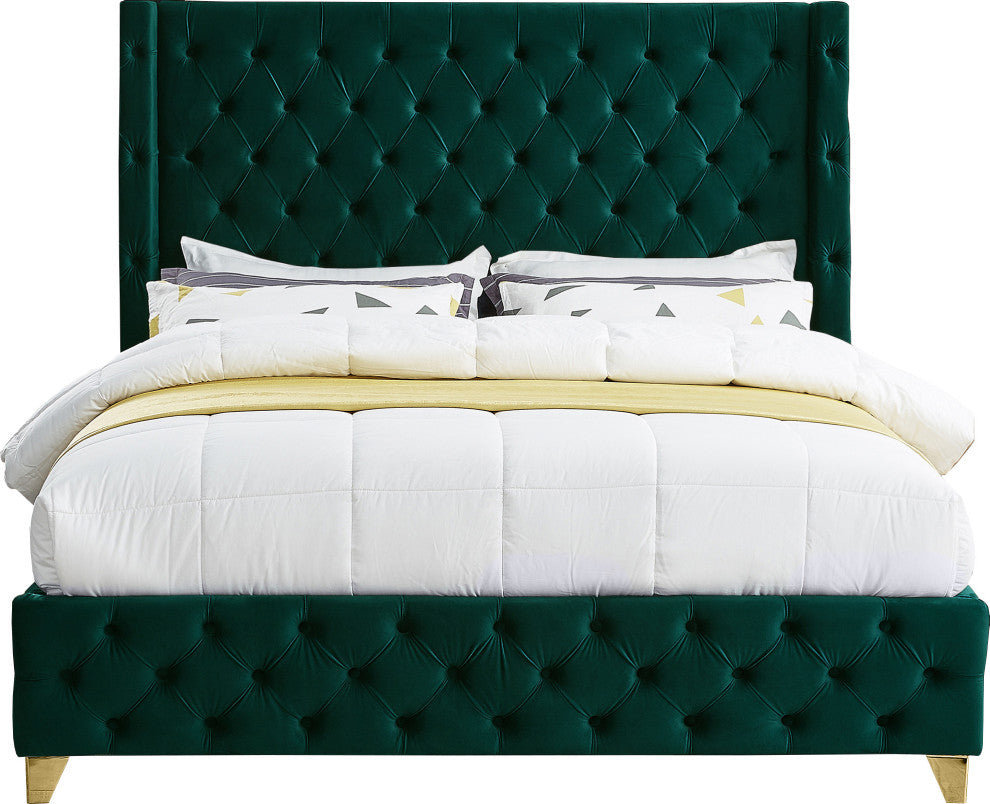 Savan Velvet Upholstered Bed, Green, King