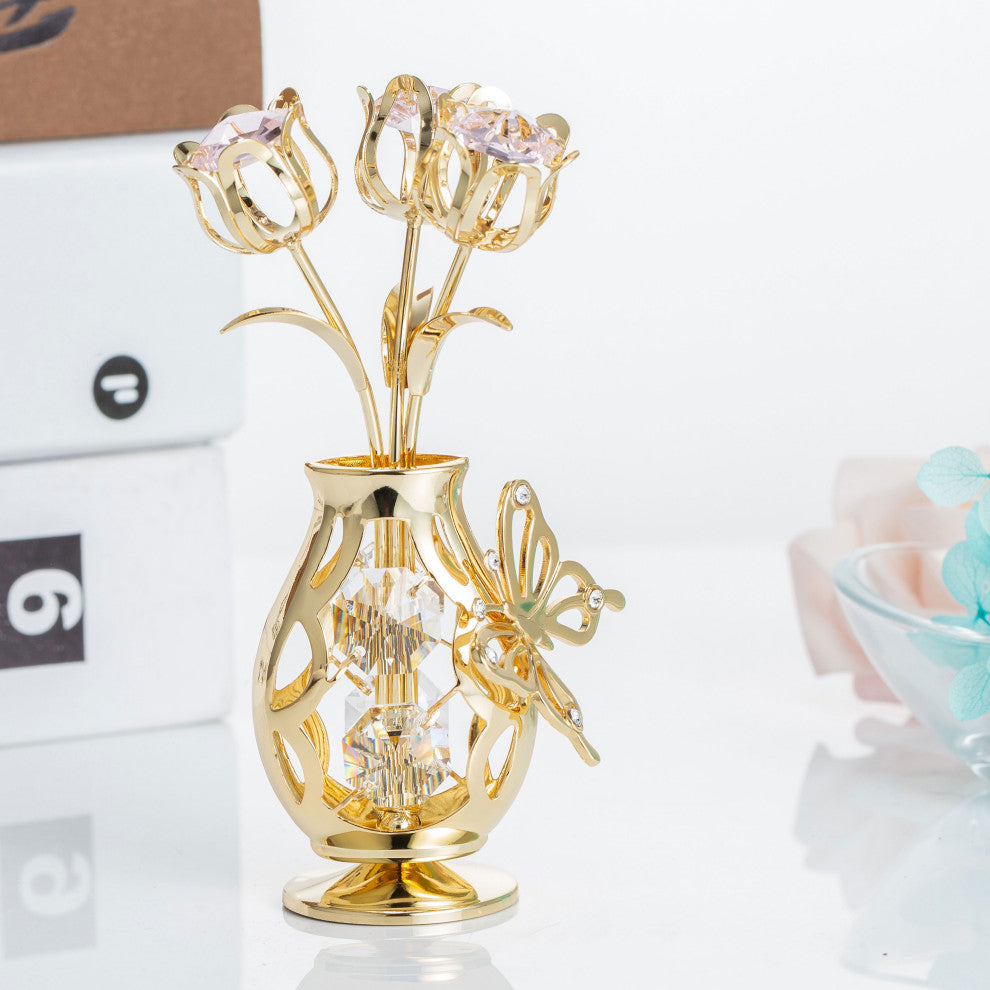 Matashi 24K Gold Plated Flower Ornament in Vase w Crystals Decorative Butterfly
