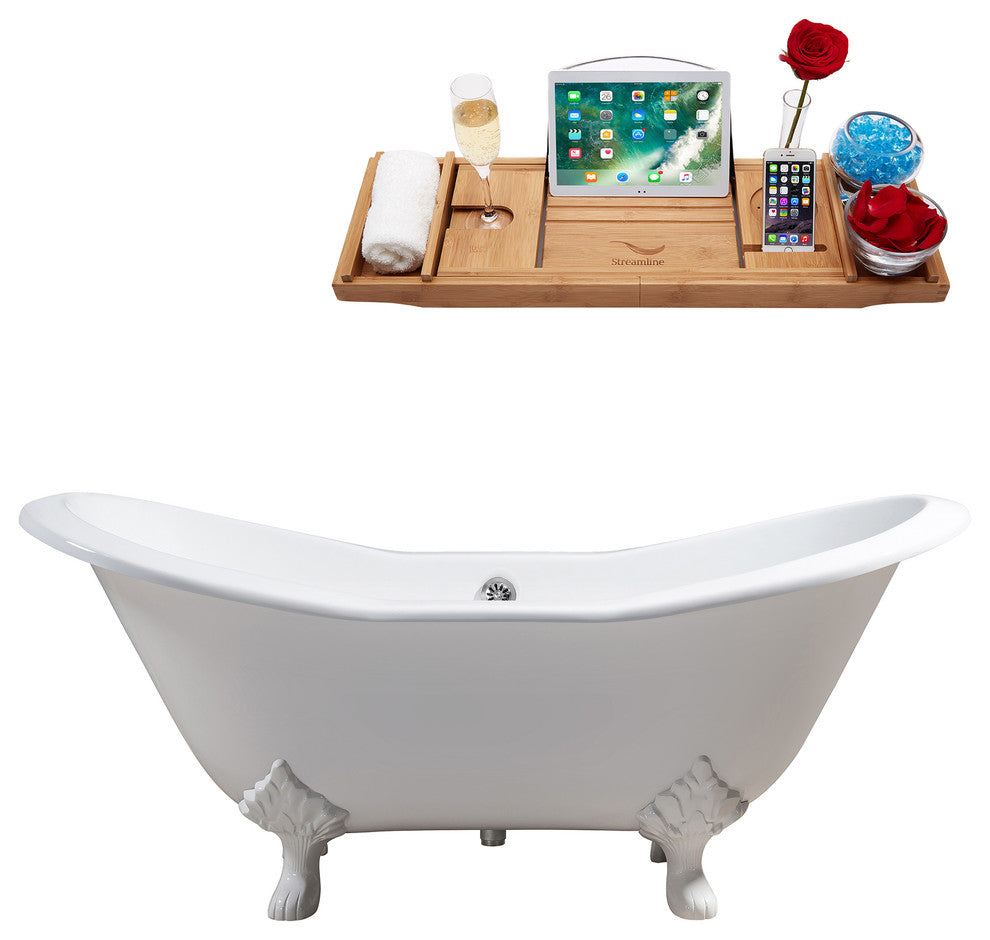 72" Cast Iron R5162WH-CH Soaking Clawfoot Tub and Tray With External Drain