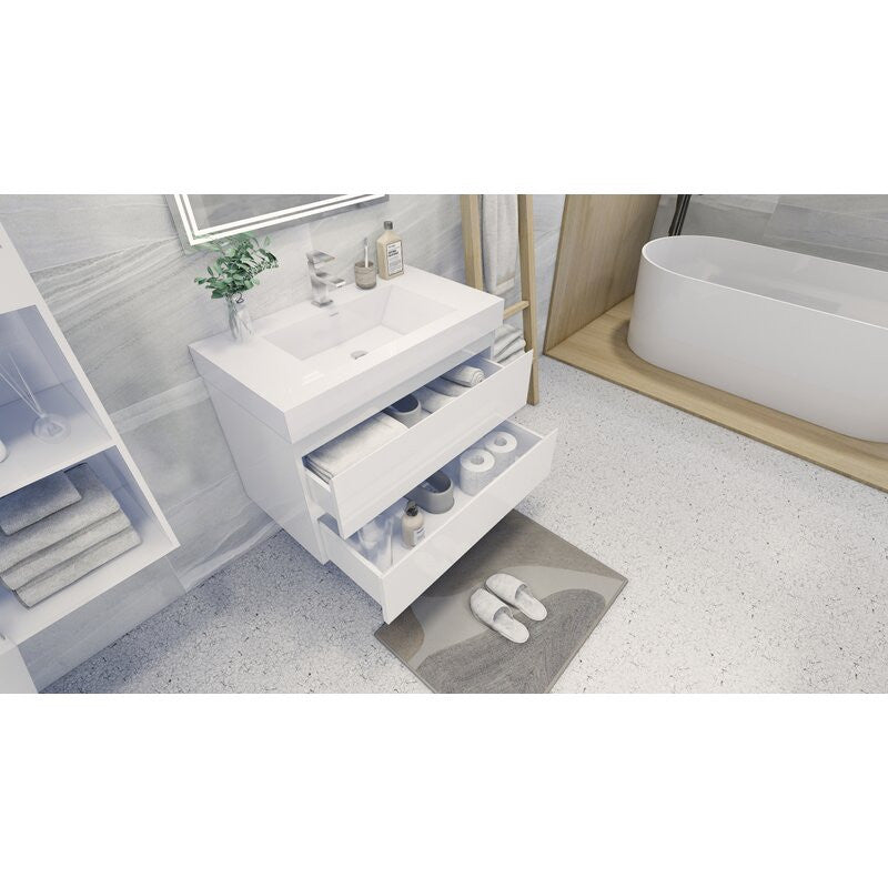 36" Wall Mount Vanity with Reinforced Acrylic Sink, High Gloss White