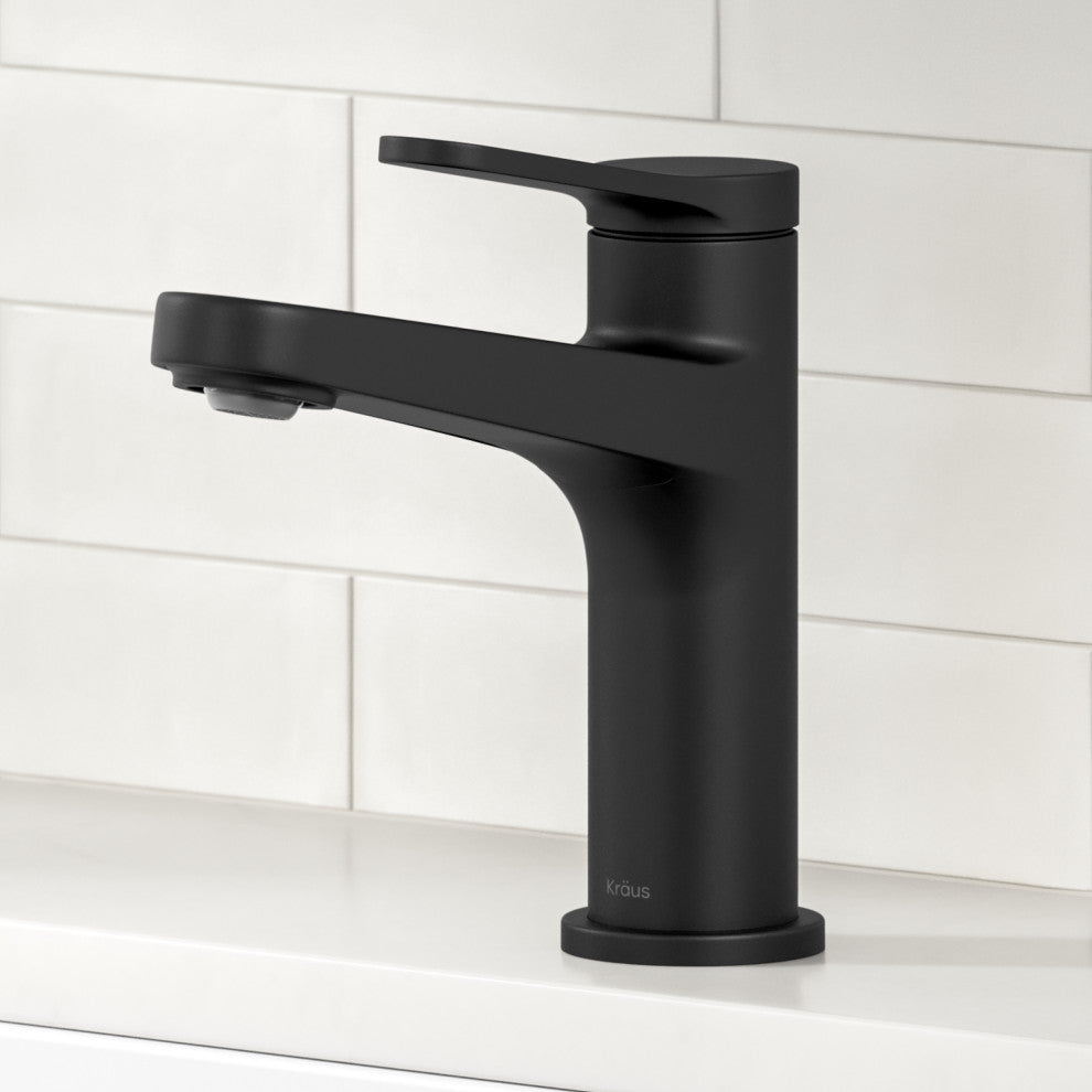 KRAUS Indy Single Handle Basin Bathroom Faucet Matte Black, Pop Up Drain