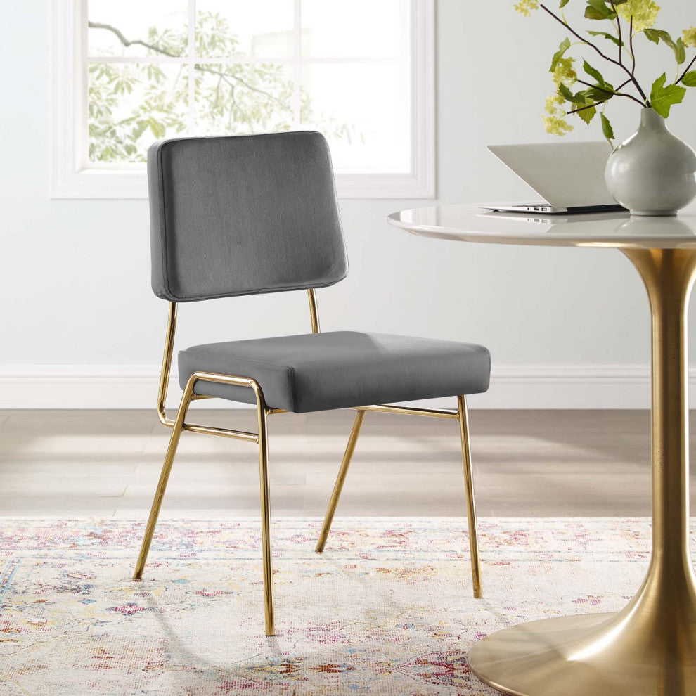 Side Dining Chair, Velvet, Metal, Gold Gray, Modern, Cafe Bistro Restaurant