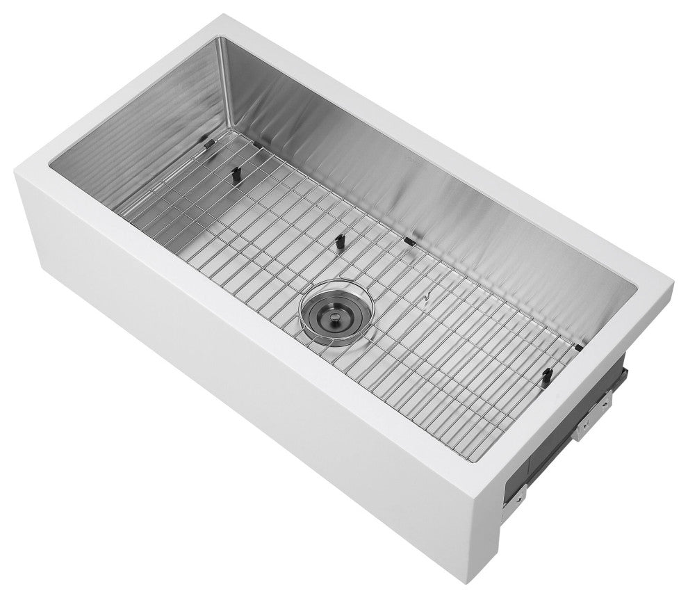 Ancona 36" Single Bowl Farmhouse Apron Kitchen Sink, White and Stainless Steel
