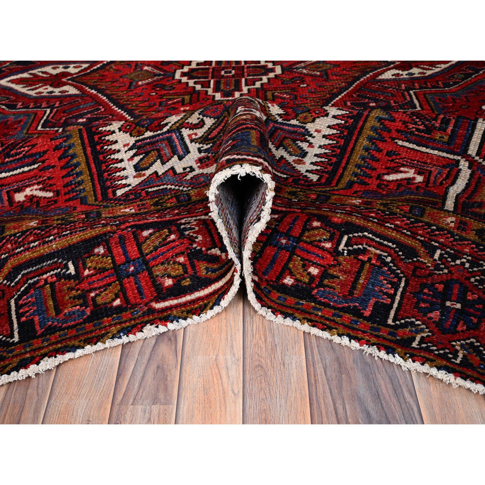Carmine Red Vintage Persian Heriz Pure Wool Hand Knotted Oriental Rug 7'8"x11'