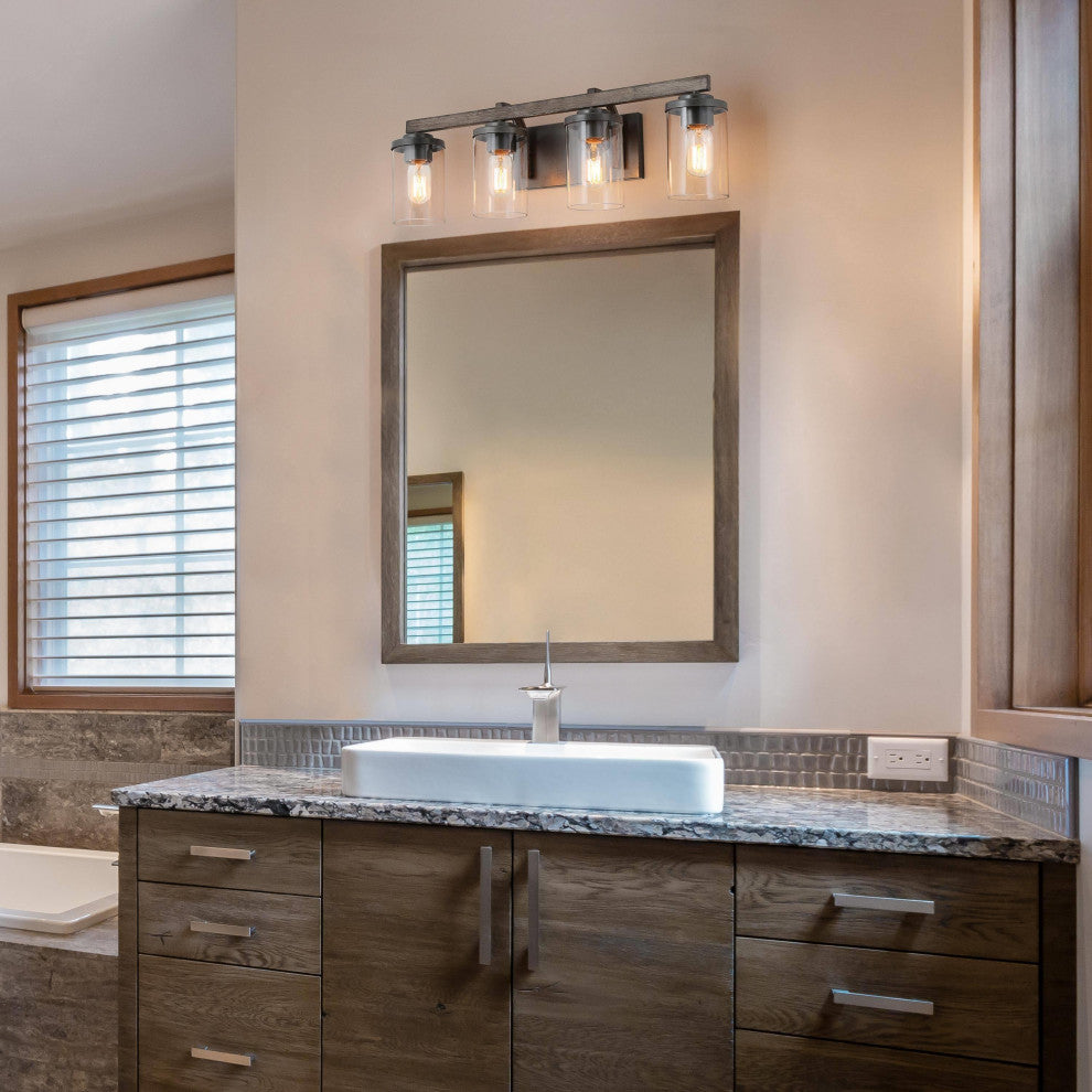 LALUZ Clear Glass Farmhouse Bathroom Vanity Lights, Bronze and Wood Grain, 4-Light