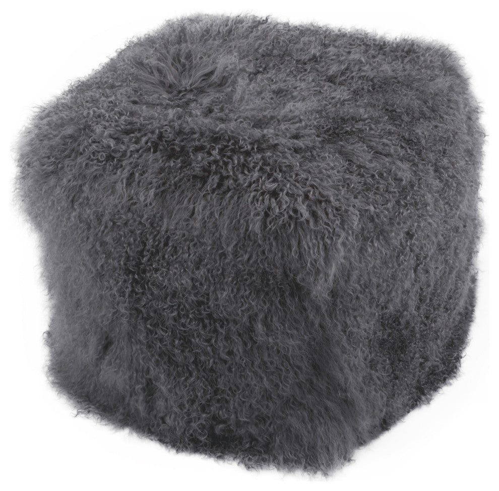 Contemporary Lamb Fur Pouf Smoke - Grey